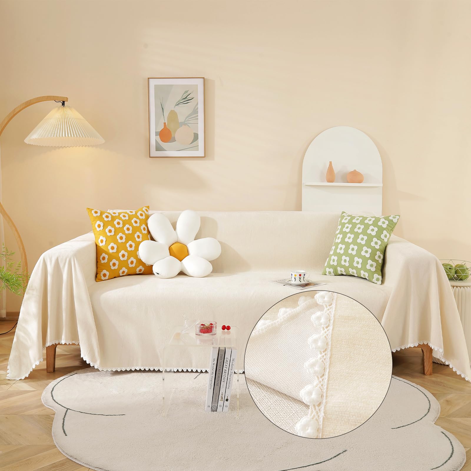 Handontime Beige Couch Covers For 3 Cushion Couch Sofa Cute Sofa Covers With White Daisy Lace Pet Couch Protector Thick Chenille Couch Cover For Dogs Sectional Sofa L Shape Futon Couch, 71' X150'